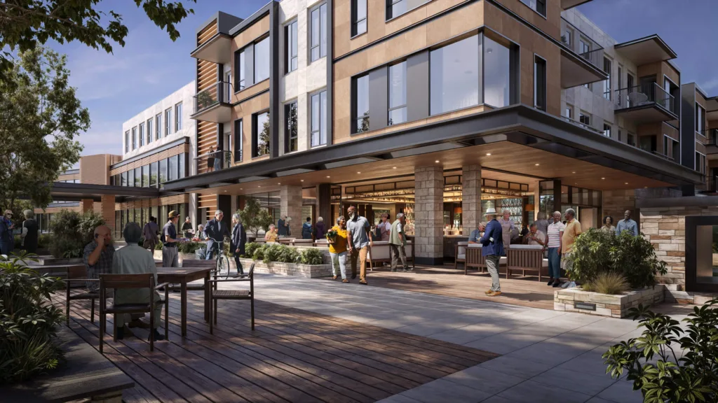 Outdoor bistro with residents gathering on the patio